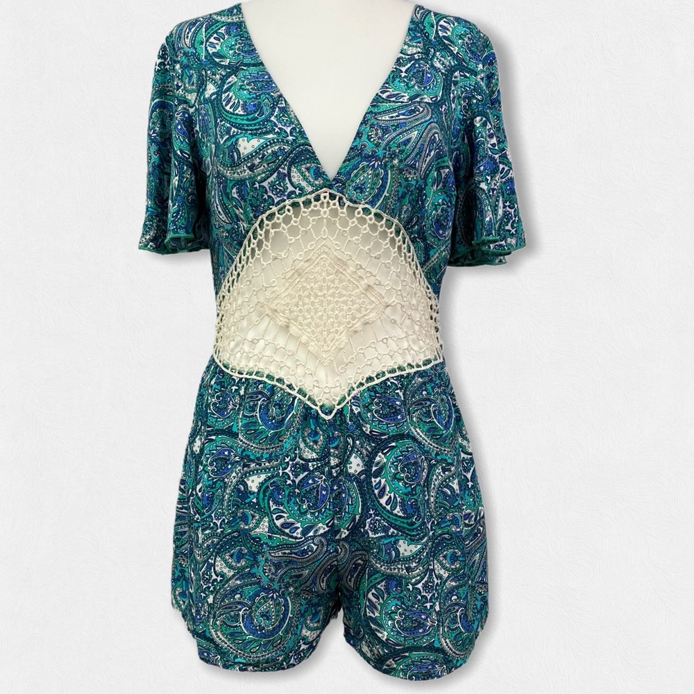 Flowy Crochet V Neck Romper Green Paisley S